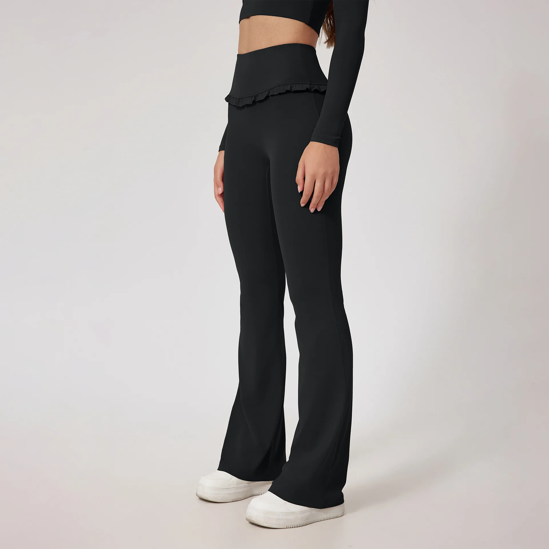 kf-S417893fc01b3476b916862f73f9124300 Ruffled Top High-Waist Flared Workout Pants - Image 1
