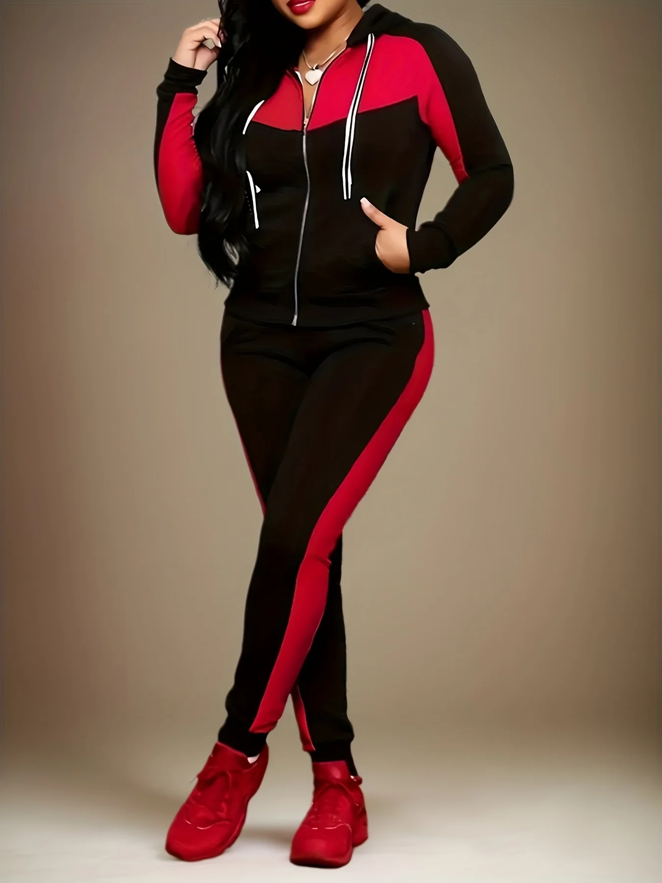 kf-S084a36ee68c84c839509088f3620928aY Red & Black Printed Hoodie Set - Image 1