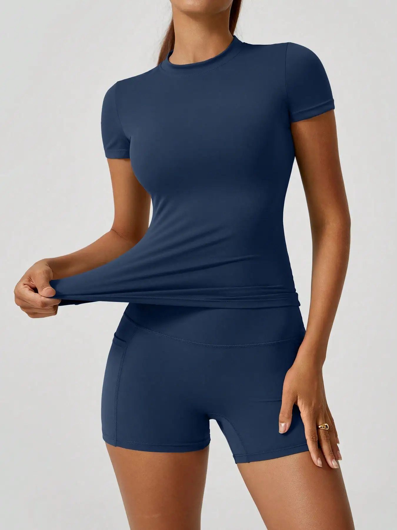 kf-Sb53f24a02f1d4d87afba22712c4b3098D Navy Blue Short Sleeve Activewear Set - Image 1