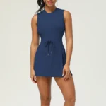 Women Sleevelesss Fitness Running Comfortable Athletic Dress Drawstring Waist Short Length Outdoor Sports Tennis Dress